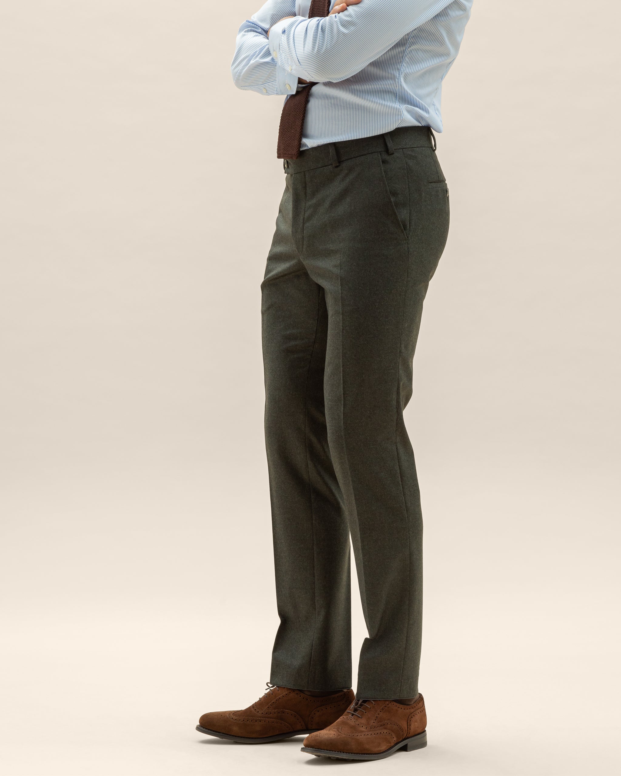Grey Wool Flannel Trousers with Pleat and Tabbed Waistband