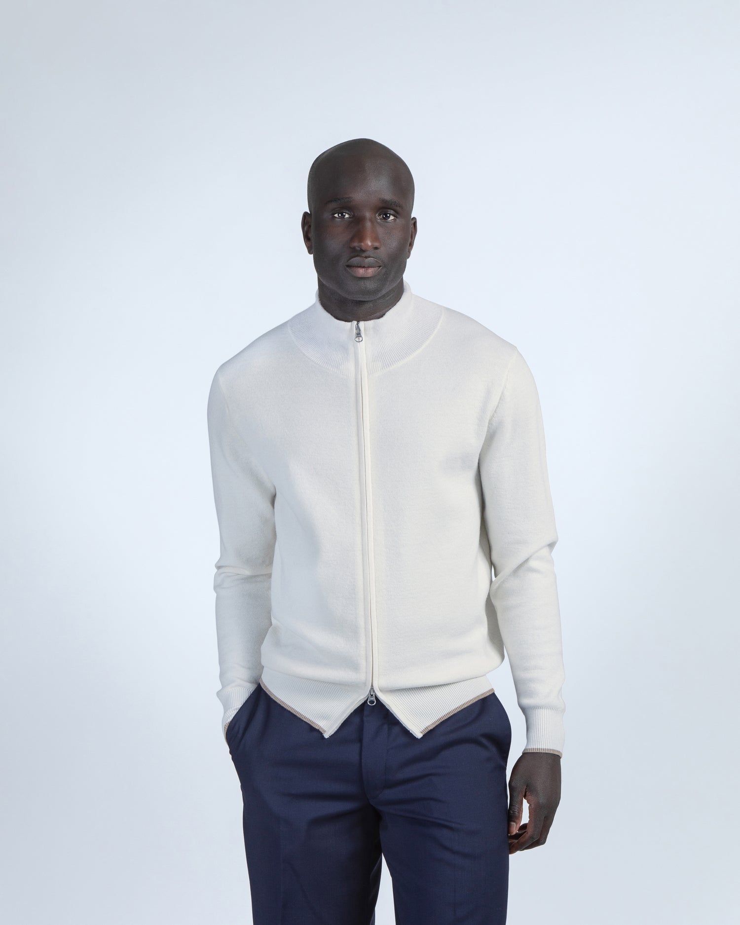 Wool-Cotton Zip-up Sweater in Ivory White (9317701878090)